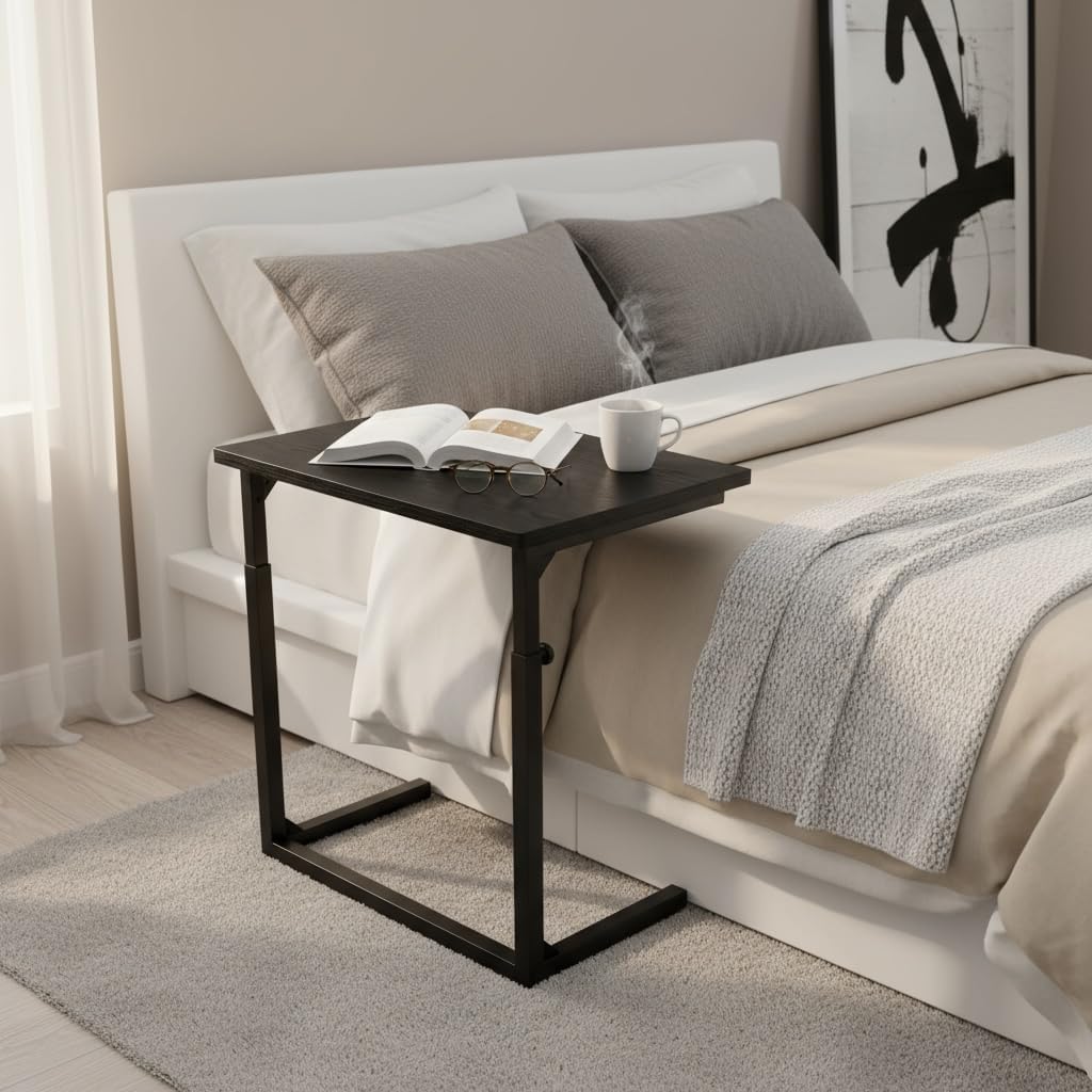 Height Adjustable C-Shaped Sofa Side Table, Laptop Table for Couch & Bed, Black