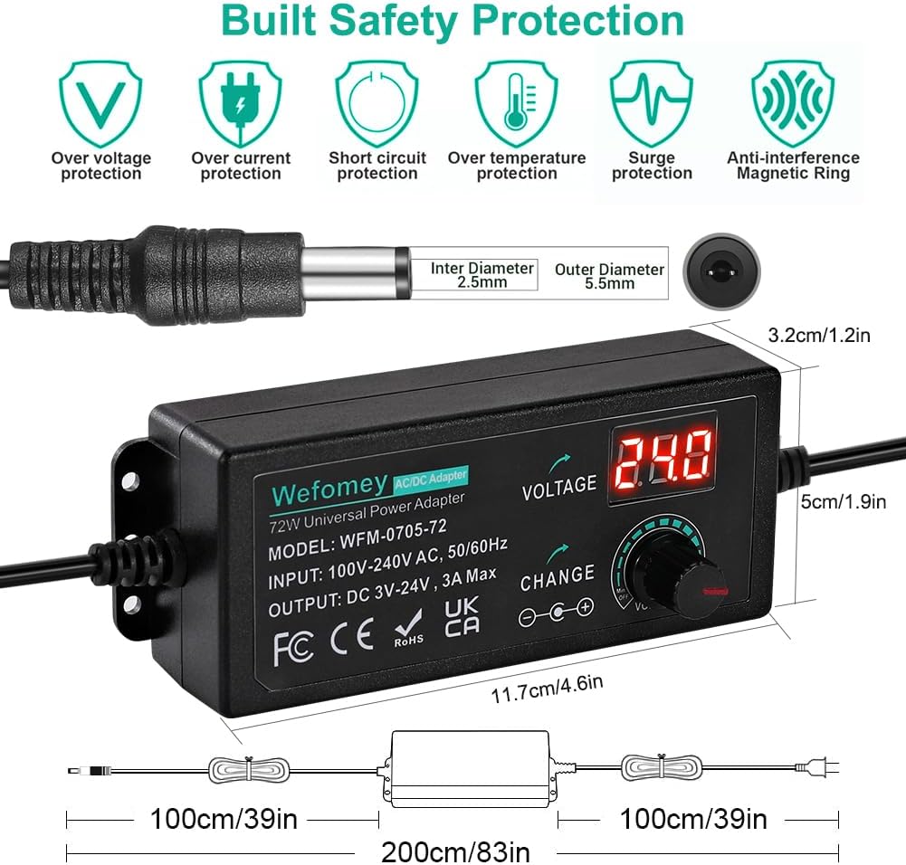Universal Power Supply 3V~24V 3A 72W Adjustable Variable AC/DC Adapter Charger, 100V-240V AC to DC Converter with LED Voltage Display & 14 Tips & Polarity Converter & Test Lead