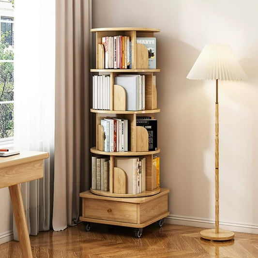 5-Tier Rotating Bookshelf Tower on Wheels - Space-Saving Corner Bookcase for Living Room, Bedroom, Study - Stylish Wood & Metal Design (Wood Color)