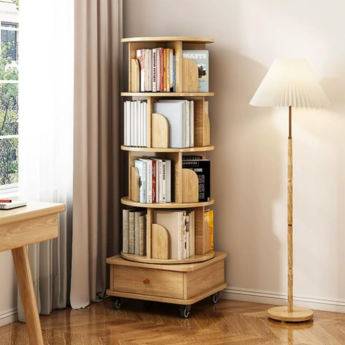 Rotating Bookshelf Tower - 5-Tier Rolling Wood & Metal Bookcase for Corner Spaces, Space-Saving Floor Design, Perfect for Living Room, Bedroom, Study, Home Office