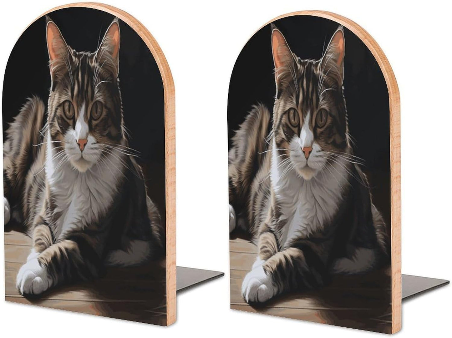 Tabby Cat Bookend for Shelves Wooden Book End Large Size Sturdy Book Holders Stoppers with Metal Base for Bookshelves Slick Decorative Bookends Stands