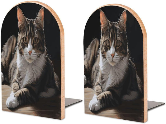 Tabby Cat Bookend for Shelves Wooden Book End Large Size Sturdy Book Holders Stoppers with Metal Base for Bookshelves Slick Decorative Bookends Stands