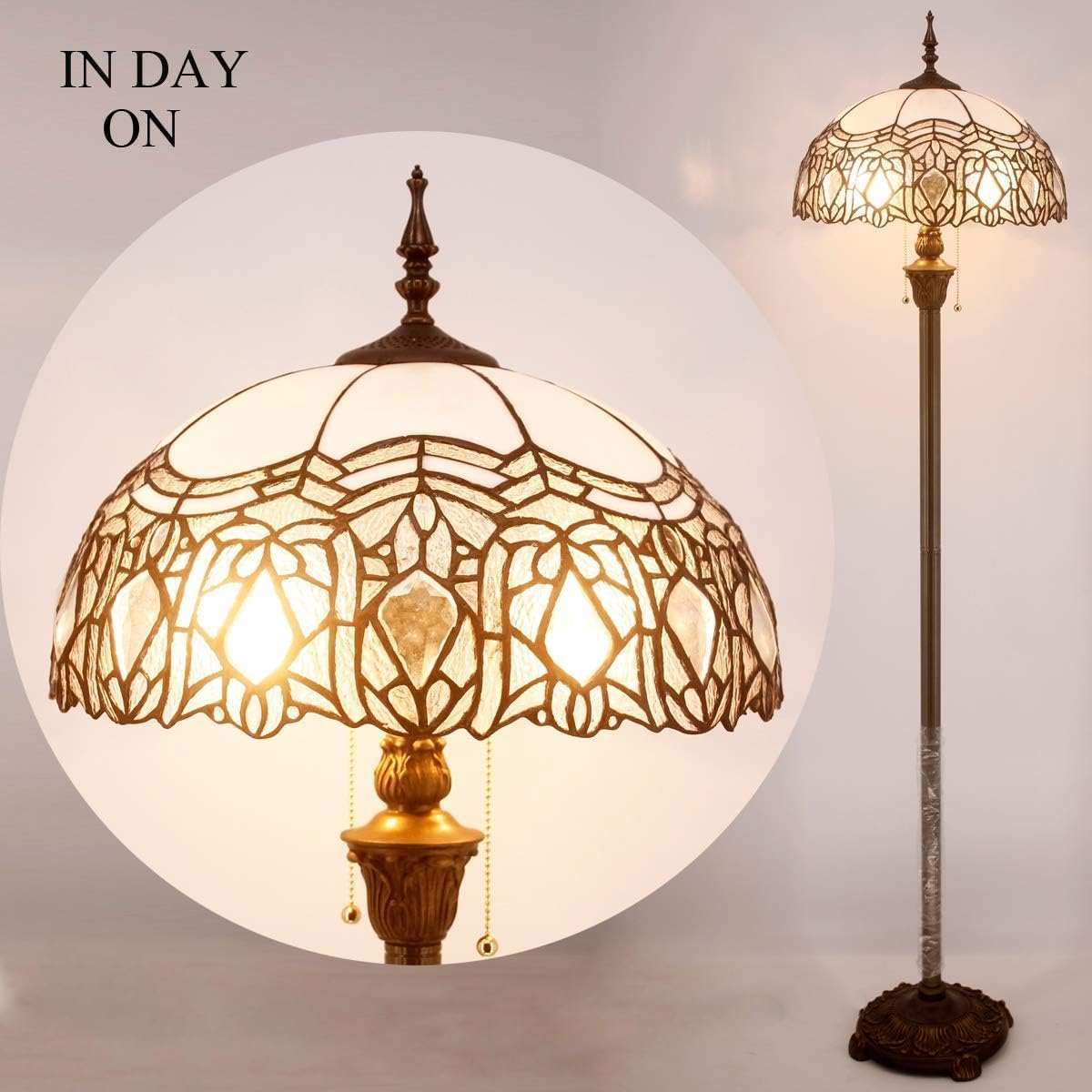 WERFACTORY Tiffany Floor Lamp Crystal Bead White Stained Glass Standing Reading Light 16X16X64 Inches Antique Pole Corner Lamp Decor Bedroom Living Room Home Office S508W Series