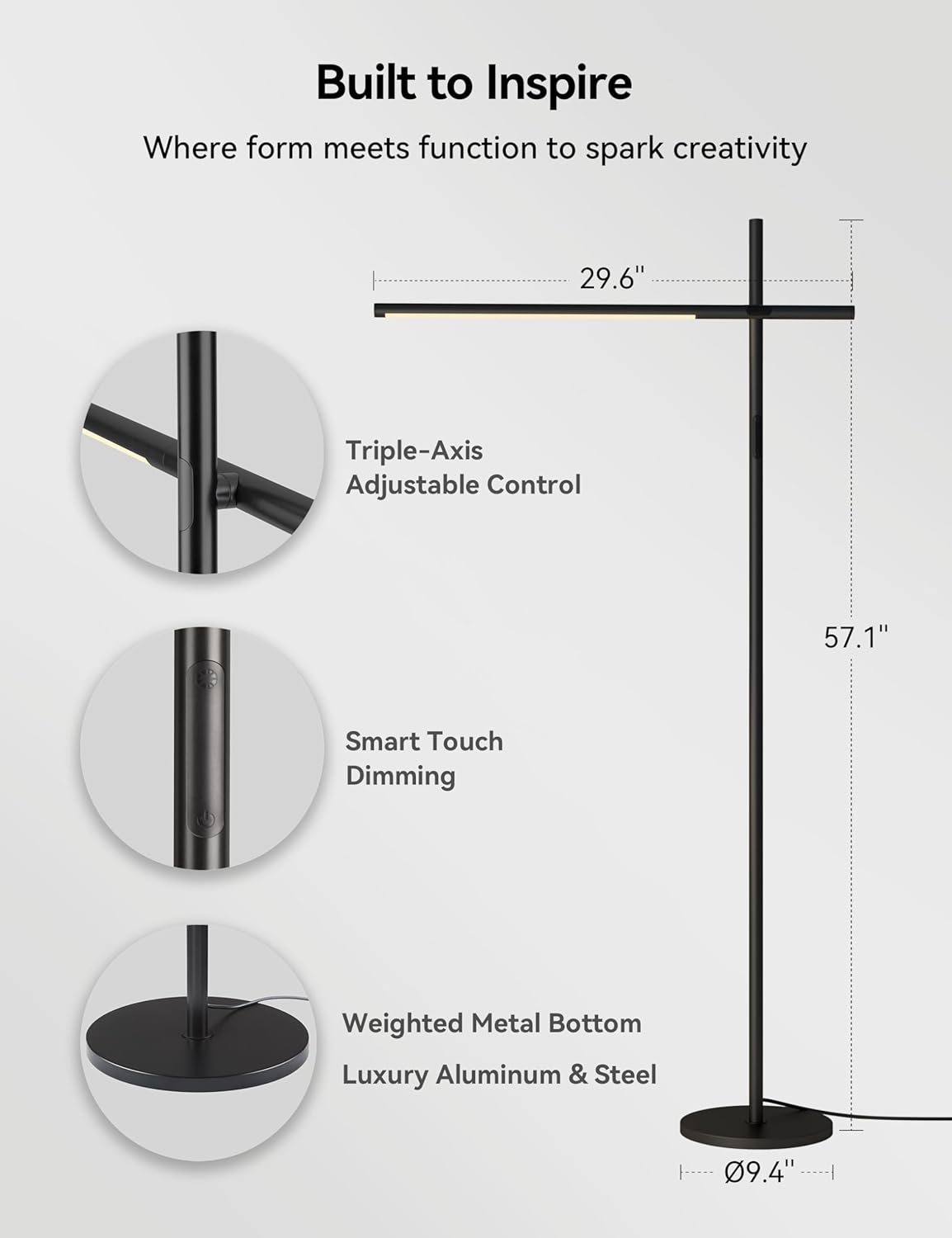 Tubicen Rotatable Corner Floor Lamp Triple-Joint 190° Arm 330° Head Rotation Standing Lamp 3 Color 4-Stage Touch Dimmable Modern LED Corner Floor Lamp for Bedroom Office Living Room Bedside Work