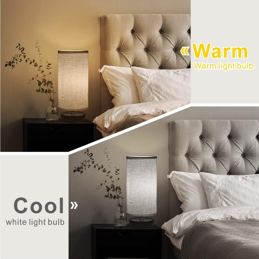Table Lamp, Bedside Nightstand Lamp, Simple Desk Lamp, Cylinder Table Lamp for Bedroom Living Room Office Study, Grey Shade and Silver Base (Grey)