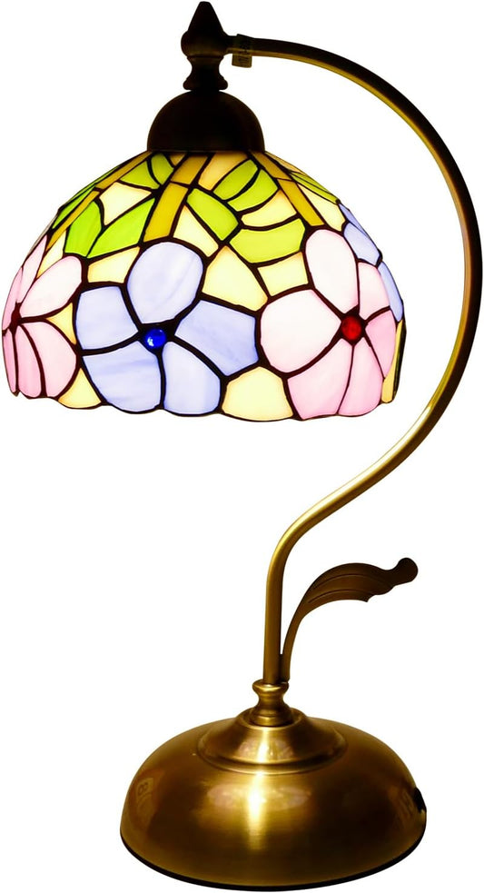 Tiffany Table Lamp Morning Glory Stained Glass Lamp 8" Wide 17" Tall Bedside Table Light Desk Lamps Vintage Reading Lamp with Color Changing LED Bulb