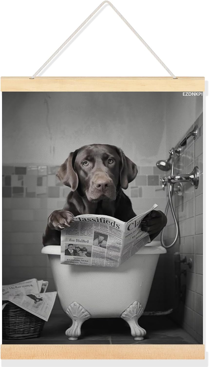 Retro Chocolate Retriever Bathroom Wall Art Print Reading Lab in Bathtub Quirky Toilet Humor Poster Aesthetic Posters for Living Room Bedroom Home Decor Framed 24x36 Inch