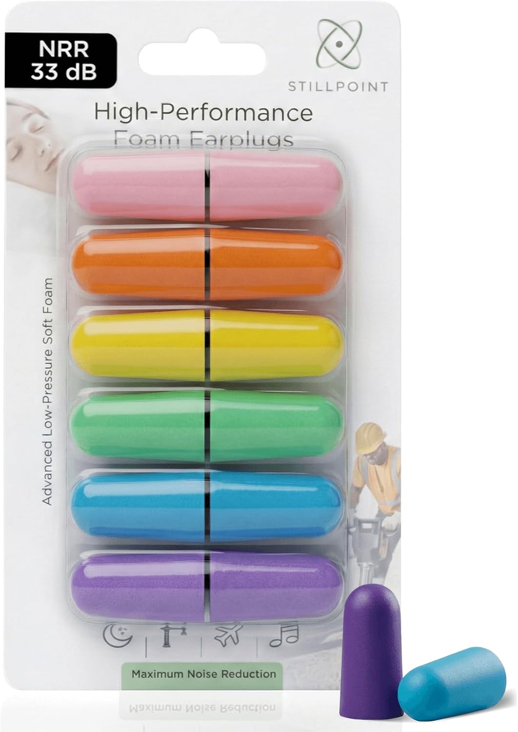 Happy Hippo Soft Foam Earplugs, 33 dB NRR, 6 Pair 12 Ear Plugs, Maximum Protection for Sleeping; Silence Snoring, Airplanes, Airports, Power Tools, Phone Conversations, Loud Work Environments (Neon)