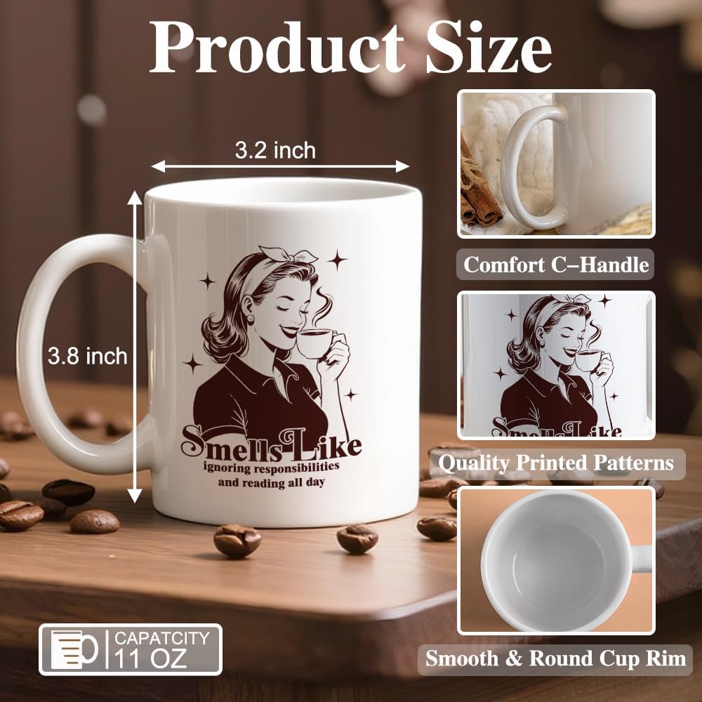 Smells Like Ignoring Responsibilities and Reading All Day Ceramic Coffee Mug for Women, Funny 11oz Vintage Book Mug for Book Lovers, Birthday Gifts for Bookish Readers Librarians Bookworms