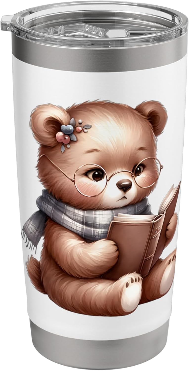 Adorable Bear Reading Book Cute Design Stainless Steel Insulated Tumbler