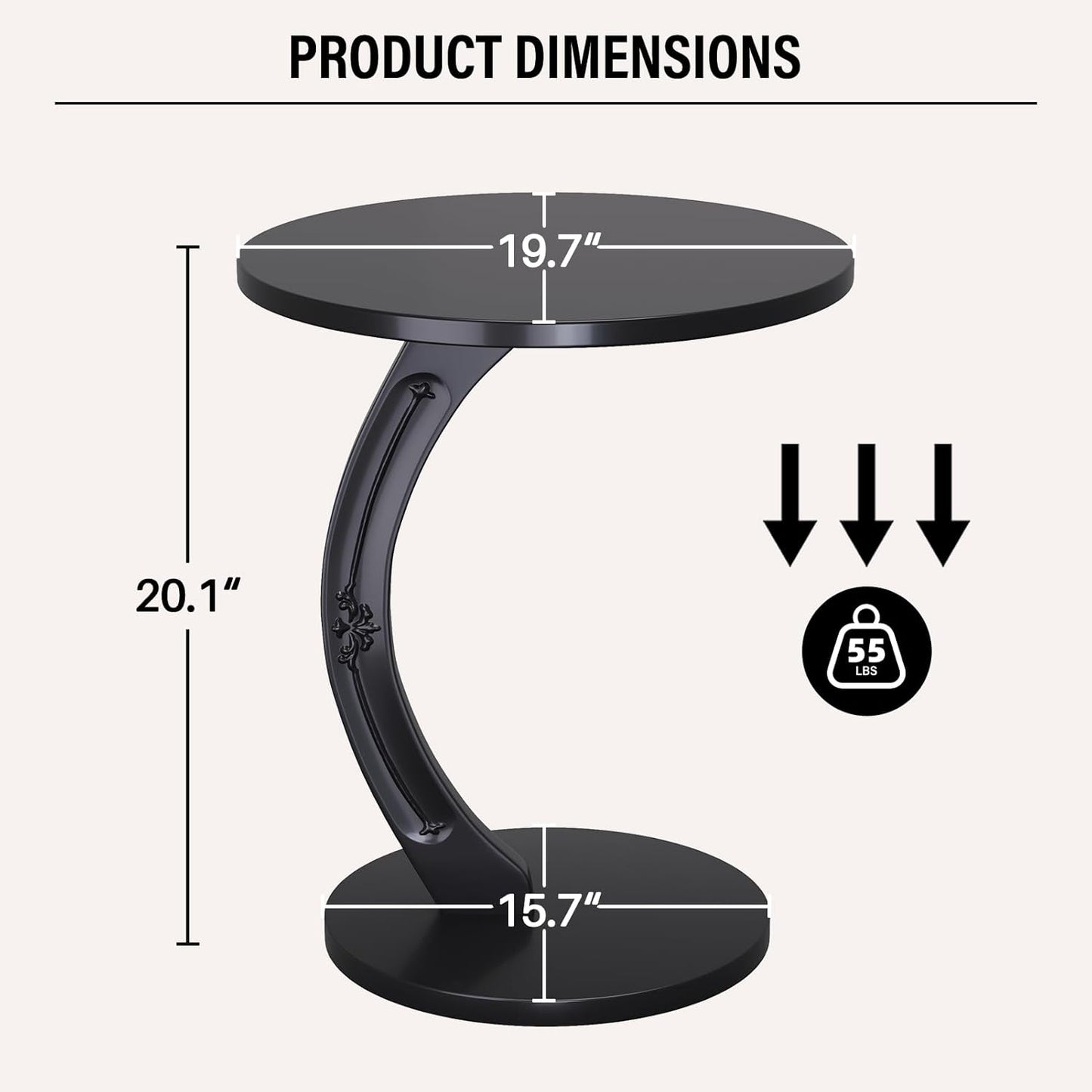 Uniclinens C-Shaped Solid Wood Round End Table - Side Table for Couch, Sofa Tables Slide Under Couch for Living Room, Small Nightstand for Small Space, Black