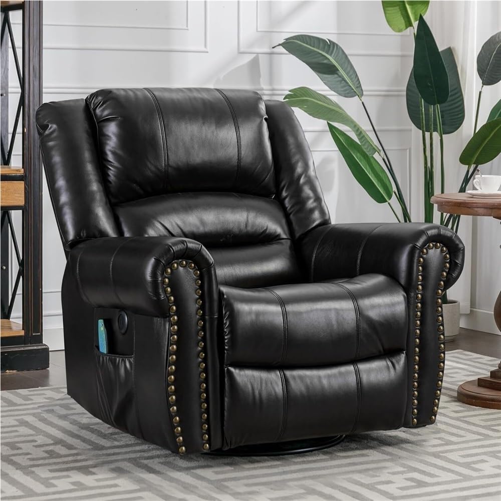 Manual Swivel Rocker Recliner with Heat & Massage – Modern Reclining Lounge Chair with USB Charging, Side Storage Pockets, Smooth Gliding Motion, Ideal for Living Room, Nursery, and Reading Nook
