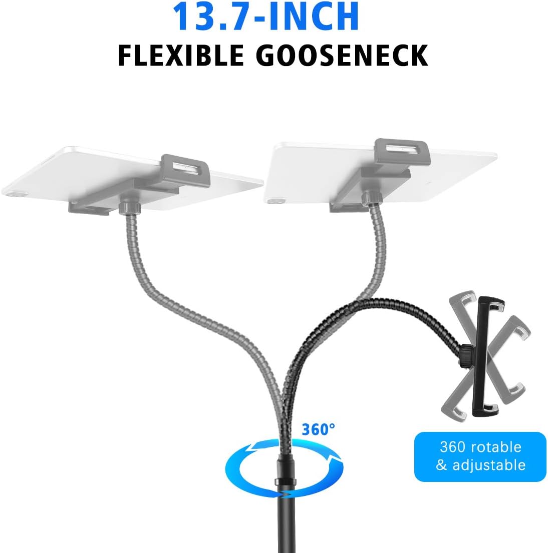 AICase Aluminium Adjustable Height Adjustable (91 cm - 137 cm) & 2.2 kg Stable Base with Gooseneck Compatible with iPad/Tablet from 4.6-13 Inches/Mobile Phone Holder Holder Floor Stand