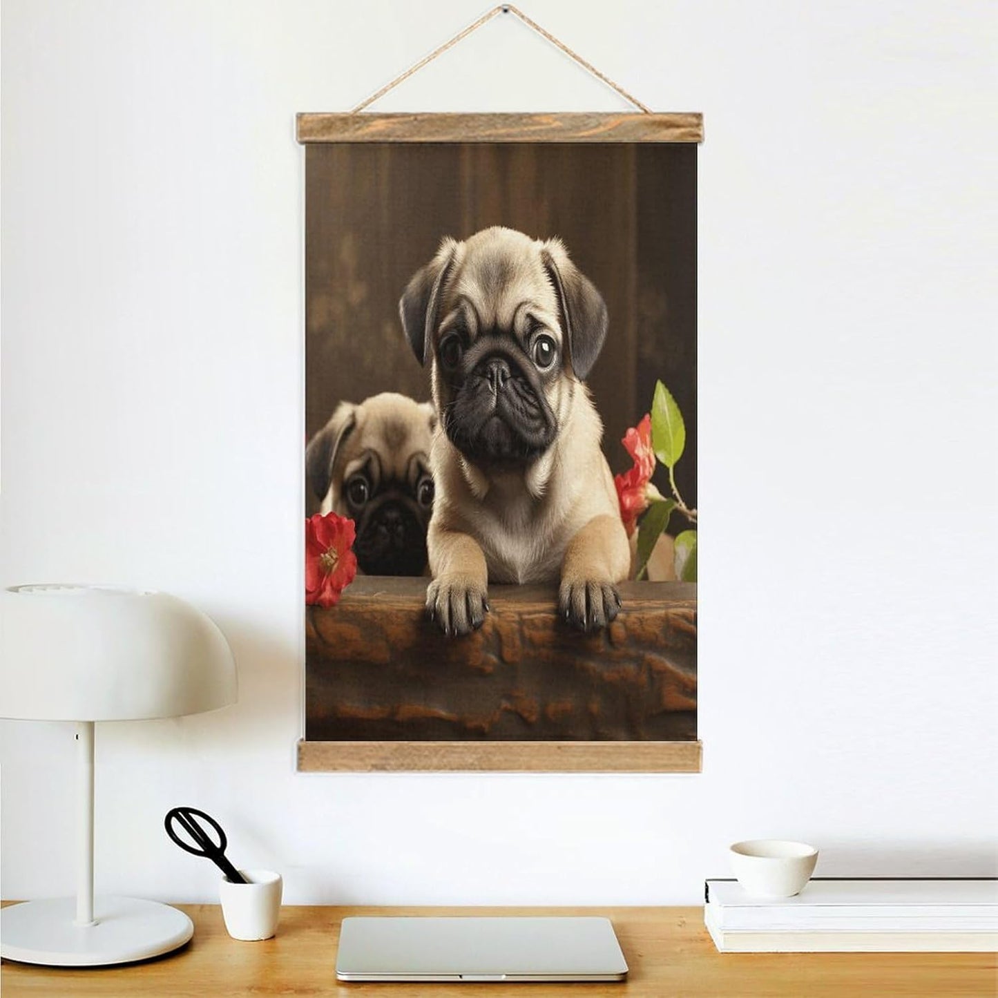 Vintage Puppys Pug Poster with Wooden Frame Personalized Linen Hanging Scroll Painting Rustic Wall Hanging Illustrative Modern Artwork Decor for Home Living Room Bedroom Office