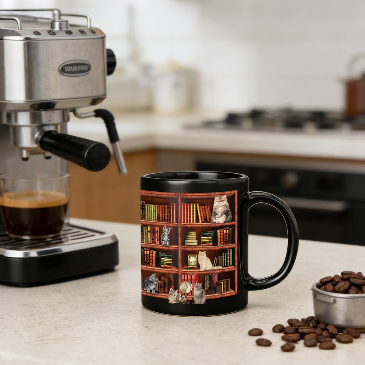 Coffee Mug for Book Lovers - Cat Mugs for Cat Lovers - Funny Mugs Charming Gifts for Book Lover Women and Cute Gifts for Writers & Readers - Library Bookshelf Mug - 11oz Black Ceramic Coffee & Tea Cup