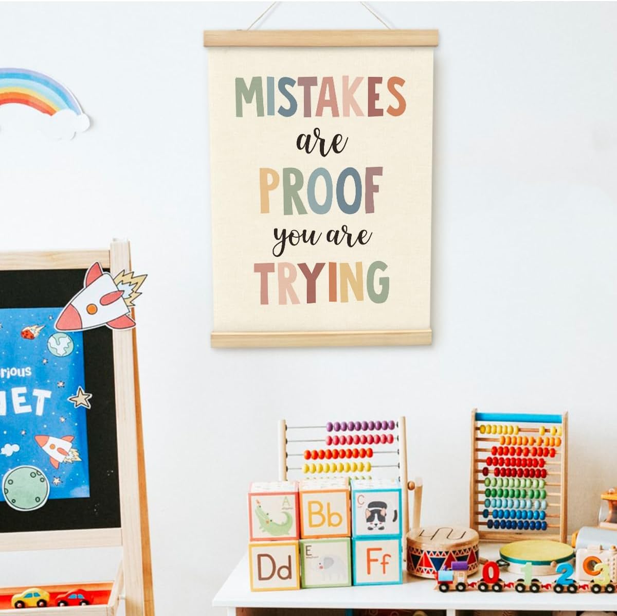 PLKMN Boho Classroom Decor, Mistakes are Proof You are Trying Wall Art with Wooden Poster Hanger, Inspirational Wall Decor for Classroom, Classroom Posters, Classroom Wall Art, 12x16 Inch
