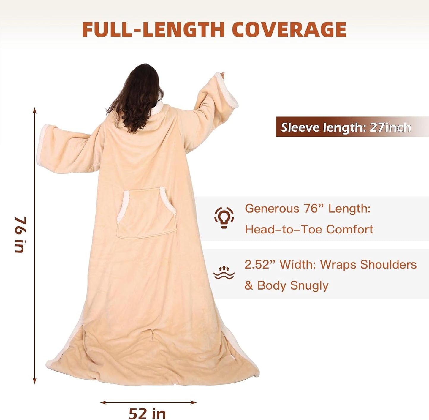 Butizone Heated Throw Blanket with Sleeves, Wearable Electric Blanket with Foot Pocket, 6 Adjustable Heat Settings, 70 * 50", Cozy Flannel and Sherpa, Beige