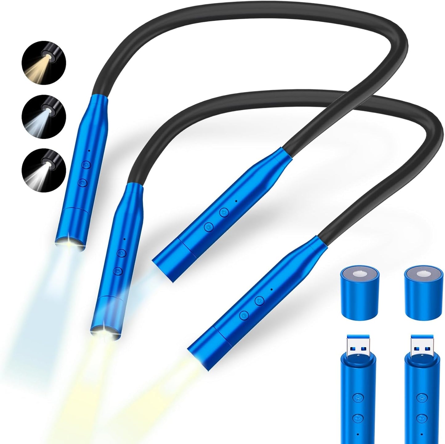 fansitc 2 Pcs LED Neck Reading Lights, Book Light for Reading in Bed, 3 Colors, 3 Brightness Levels, 380° Rotating Neck Light Rechargeable, 80 Hrs Runtime for Reading, Knitting, Crafting, Repairing