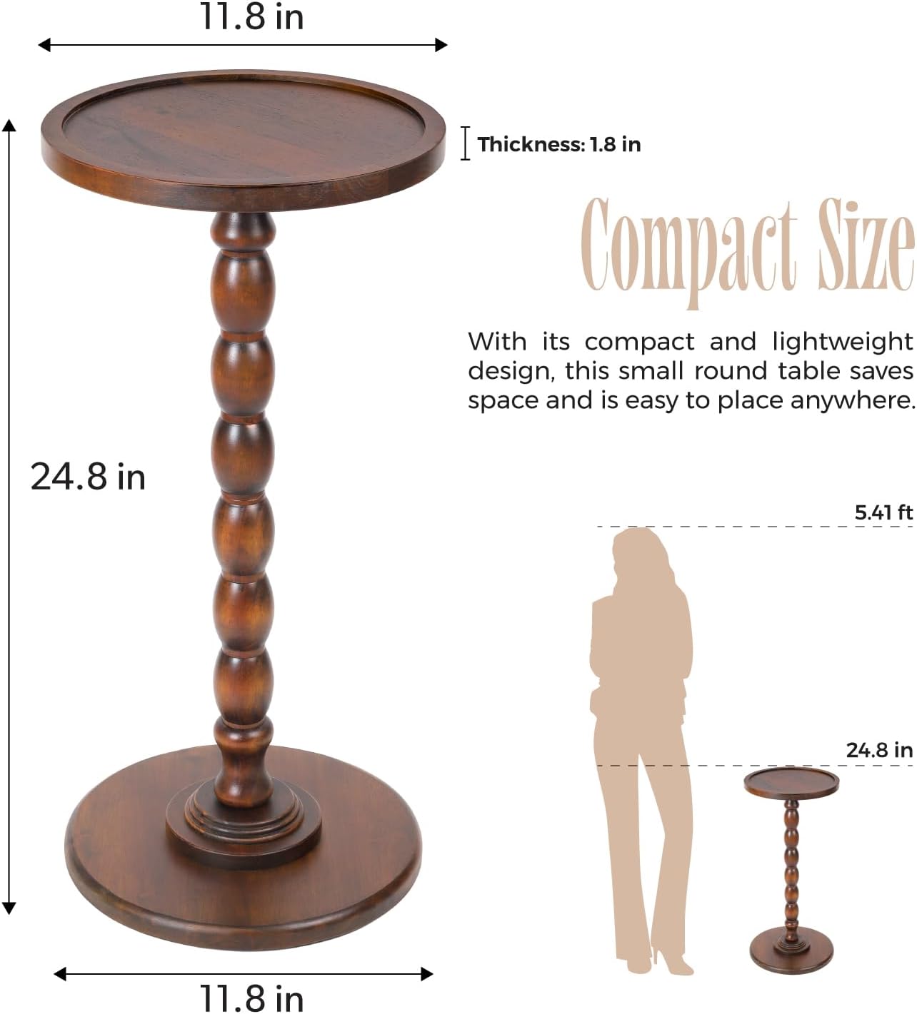 Solid Wood Round Pedestal Side Table with Tray-Top Rim – Bobbin Turned Accent End Table for Living Room, Bedroom – Compact Small Round Drink Table with Stable Base, Nightstand with Solid Table Wood