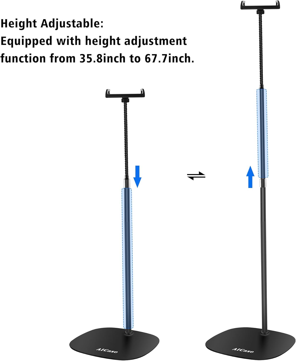 AICase Aluminium Adjustable Height Adjustable (91 cm - 137 cm) & 2.2 kg Stable Base with Gooseneck Compatible with iPad/Tablet from 4.6-13 Inches/Mobile Phone Holder Holder Floor Stand
