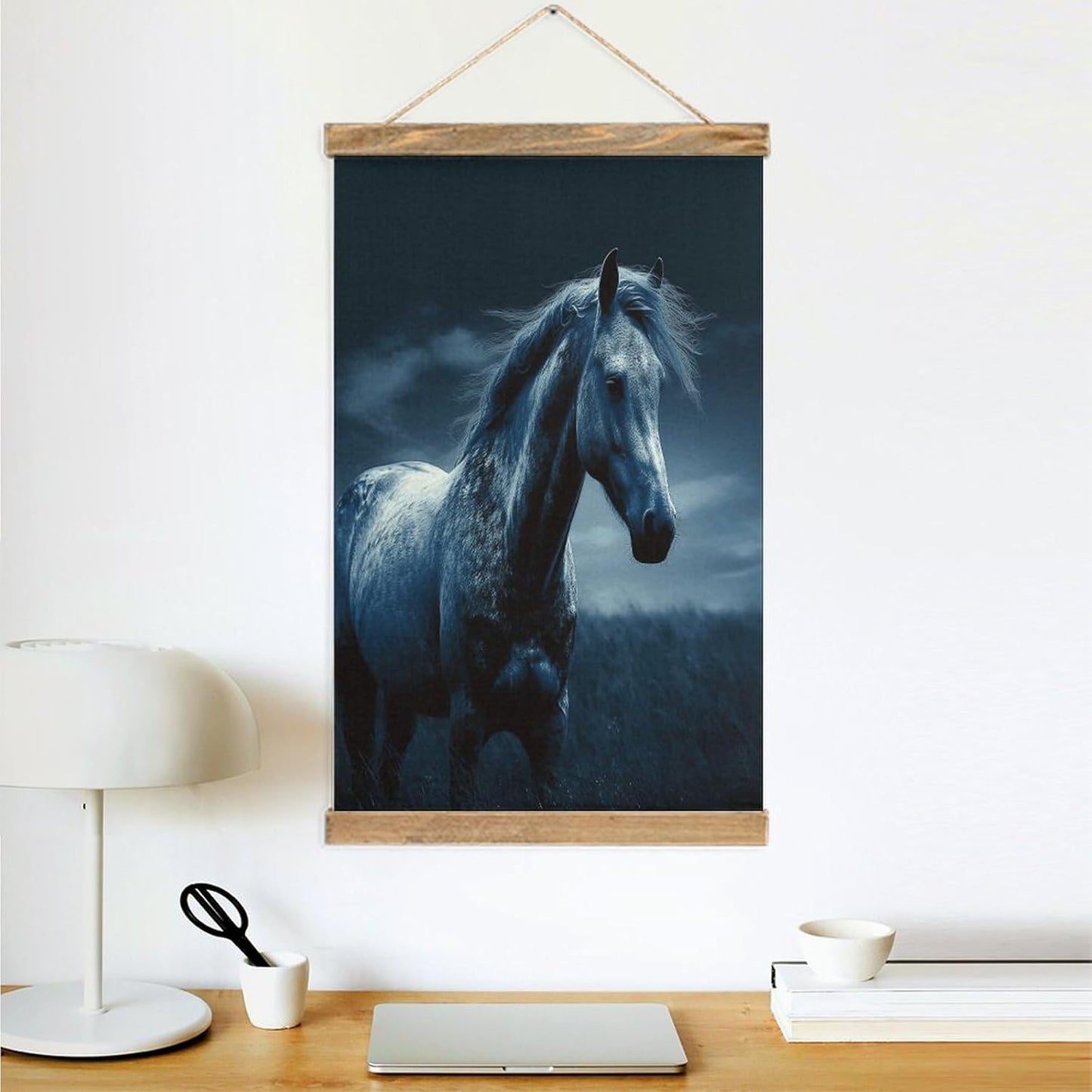 Vintage Blue Horse Poster with Wooden Frame Personalized Linen Hanging Scroll Painting Rustic Wall Hanging Illustrative Modern Artwork Decor for Home Living Room Bedroom Office