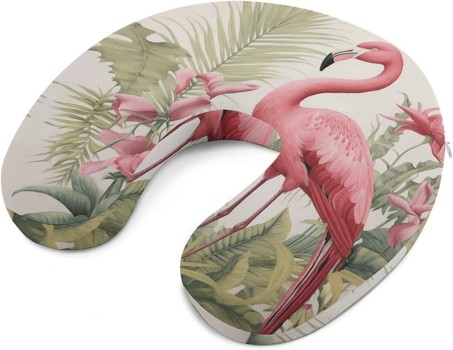 Flamingo and Leaves Neck Pillow Memory Foam U Shaped Pillows Portable Pillows for Shoulder Travel Head Support Pillow with Concealed Zipper for Airplane Car Home Office