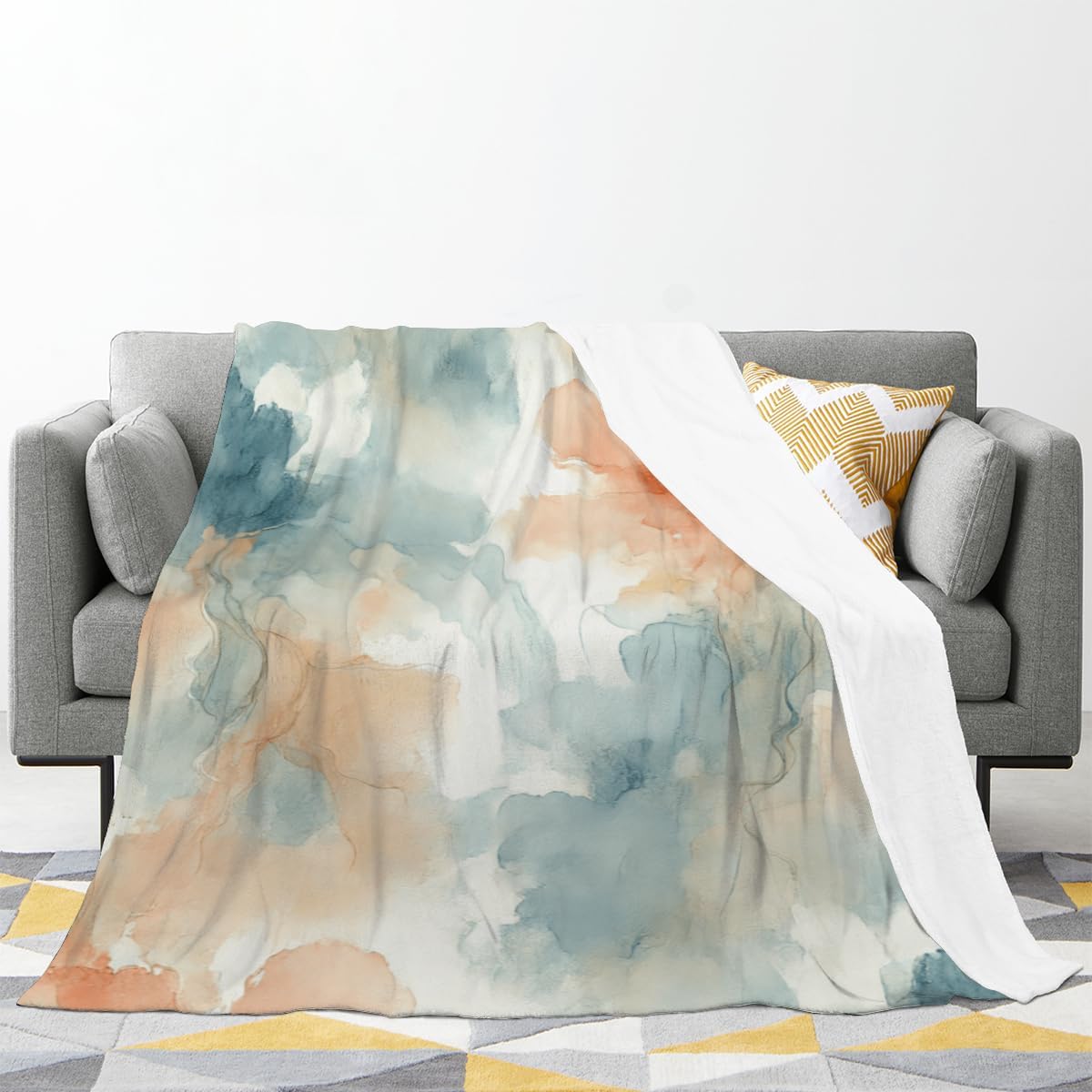 Decorative Accent Throw Blanket for Couch Sofa Bed 50x60 – Soft Flannel Blanket for Bedroom Living Room Abstract Brushed Watercolor Peach and Blue Pattern Modern Design Print