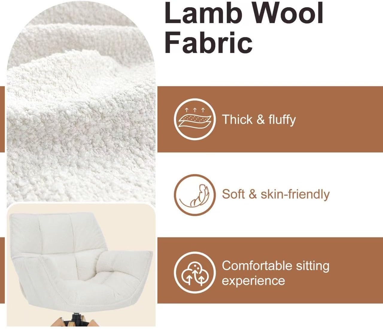 Mid Century Accent Chair, Lambs Wool Vanity Chair Modern Cozy Desk Chair no Wheels with Amrest, Wood Legs for Living Room, Reading Room, Bedroom, White Lambwool