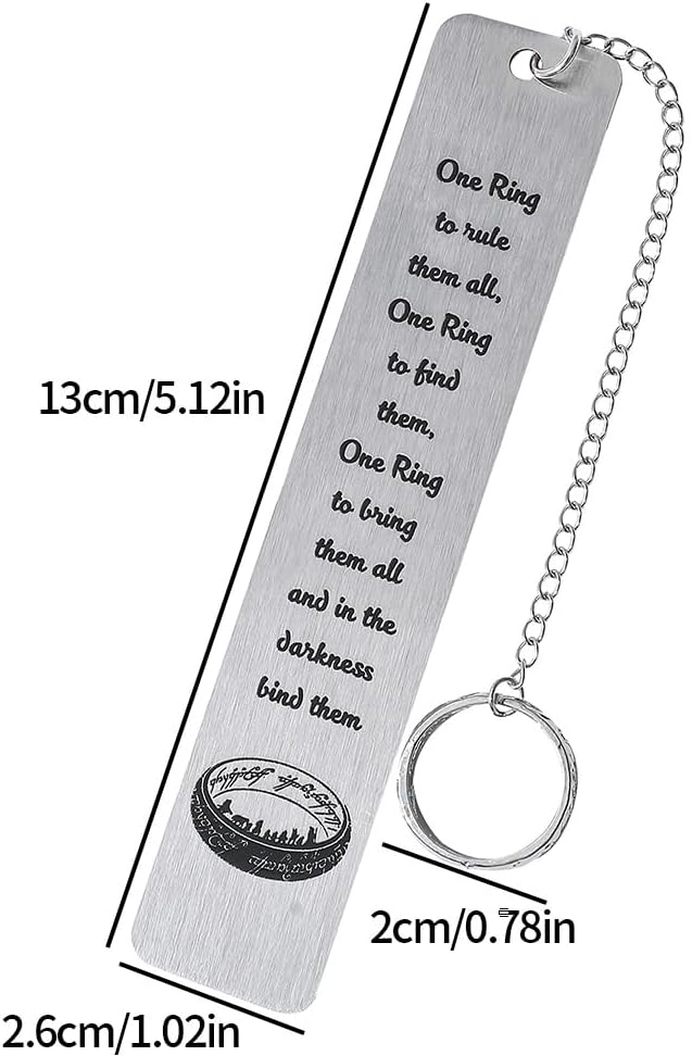 1Pc Fantasy Bookmark Gift Set - Metal Bookmarks with Elvish Leaf Pendant, Sword Charm & Evenstar Engraving, Epic Quotes Carved Jewelry for Book Lovers, Dark Academia Gifts for Readers (Magic Ring)