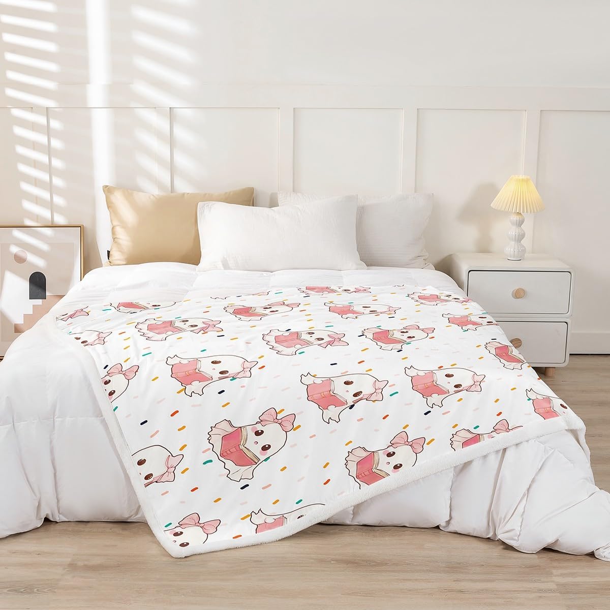 Kawaii Ghosts Throw Blanket Halloween Pink Bowknot Books Ghosts Bed Blanket for Kids Girl Room Decor, Reading Ghost Blanket for Couch Sofa, Soft and Breathable Fleece Blanket(60 x 80 Inches)