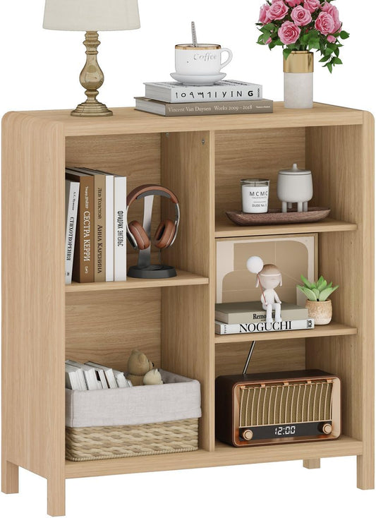 FATORRI 5 Cube Bookshelf, Wood Bookcase with 3 Adjustable Shelves, Modern Cube Storage Organizer Shelf for Home Office (Light Walnut)