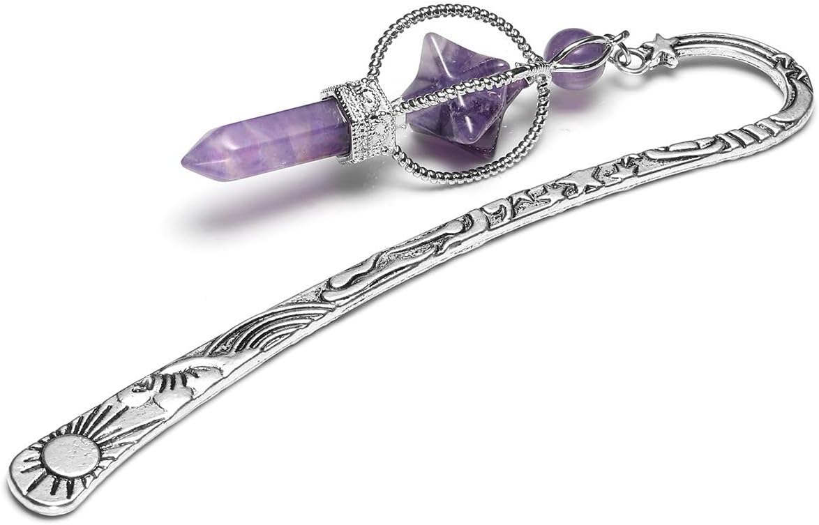 Jovivi Anqitue Silver Metal Bookmark Beading Bookmarks with Amethsyt Crystal Quartz Merkaba Hexagonal Pointed Bead