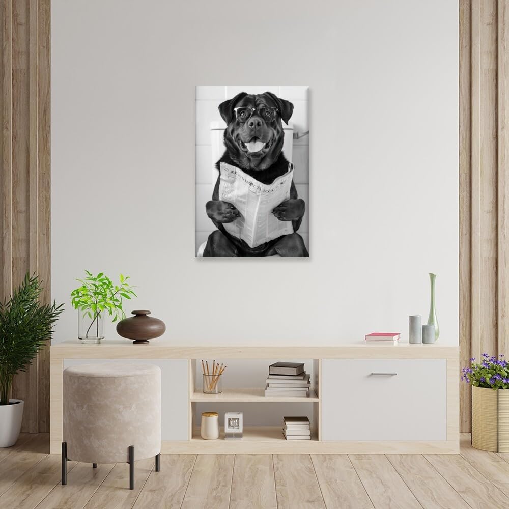 Bathroom Wall Decor Dog Reading Newspaper Black and White Print Pet Art Funny Dog Poster Canvas Wall Prints Poster Modern Home Aesthetic Decor Wall Art for Bedroom Dorm Framed20x30inch