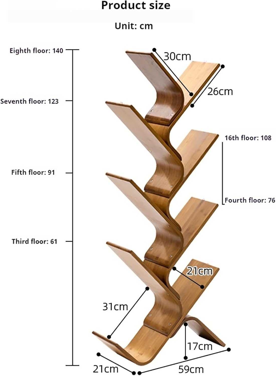 Modern 8-Tier Bamboo Bookshelf, Space-Saving Curved Wood Bookcase, Stylish Book Storage Organizer for Living Room, Bedroom, Home Decor - 7 Layers Design