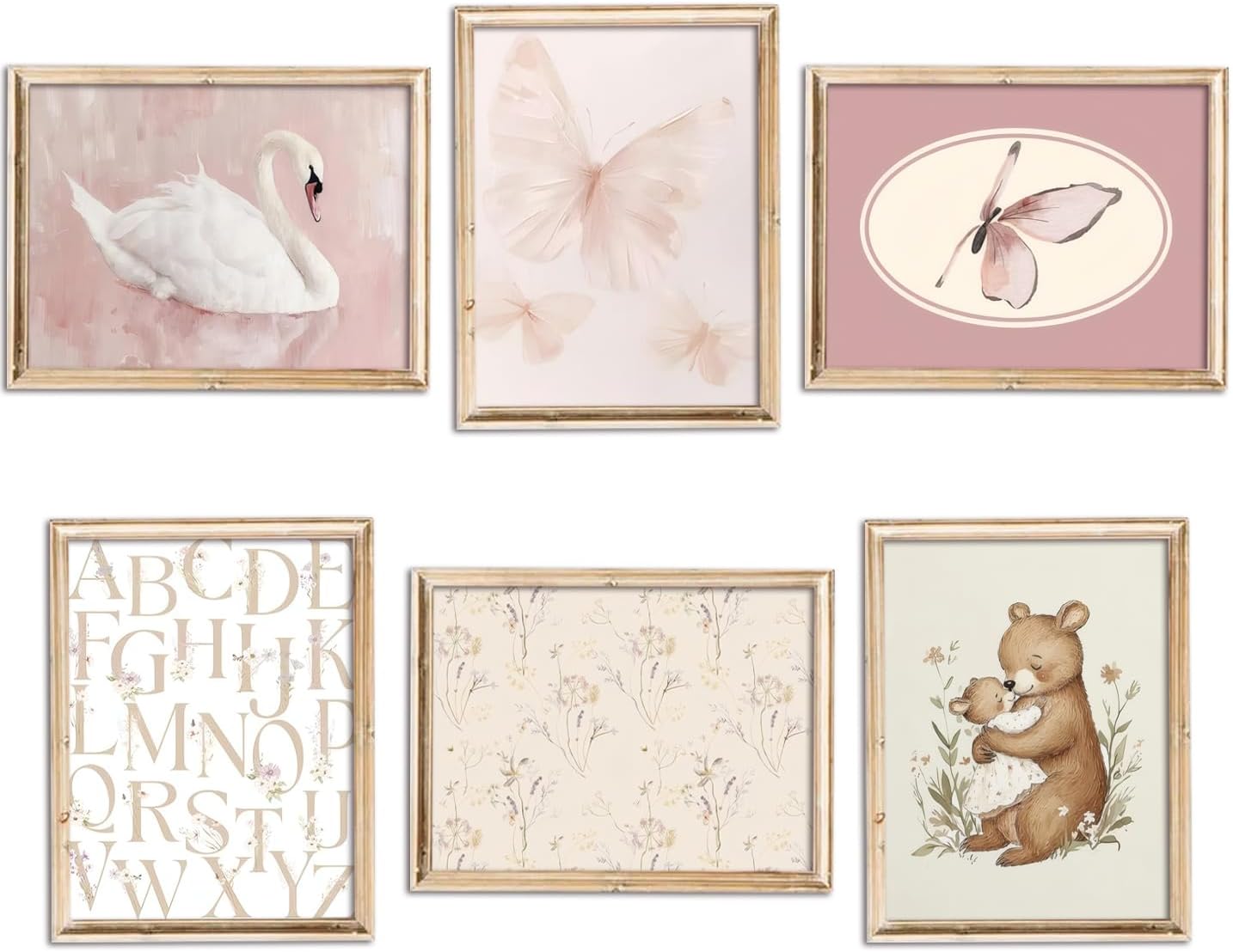 Coquette Girl Nursery Wall Art White Swan Preppy Painting Pink Butterfly Floral Pictures Aesthetic Canvas Posters Vintage Nursery Artwork for Girls Room Bedroom College Dorm 8x10 Inch Unframed