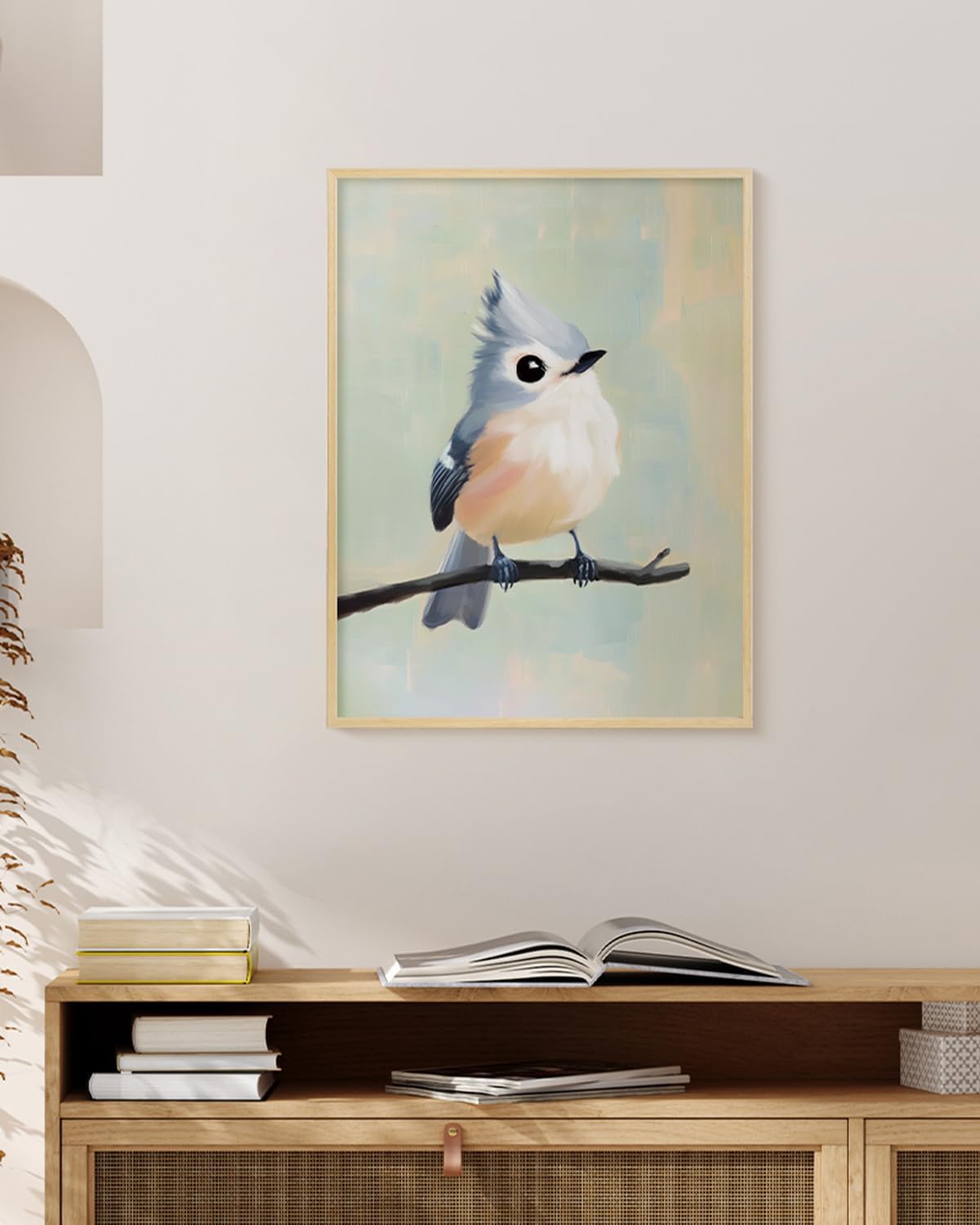 Cute Songbird on Branch Metal Framed Canvas Print Wall Art, 12x16 Bird Illustration with Soft Pastel Tones, Modern Animal Artwork Living Room Farmhouse Scandinavian Bedroom Nursery Office Decor