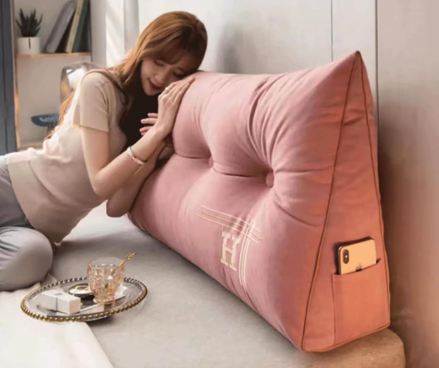 Large Wedge Headboard Bolster Pillow for Sitting in Bed Adult Cushion Backrest Lumbar Back Support Upholstered Daybed Sit Up Reading Pillow(Size:60x50x20cm,Color:Pink)