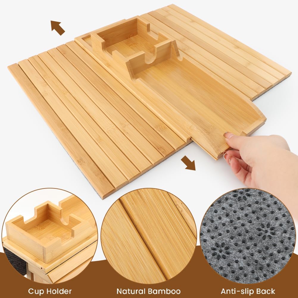 Bamboo Couch Armrest Table, Anti Falling Sofa Arm Tray with Removable Couch Cup Holder for Drink & Snack, Foldable Tray with Coasters for Couch, Recliner, or Loveseat