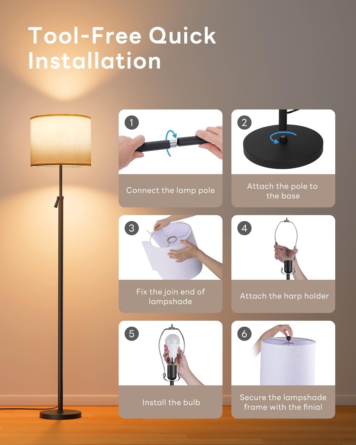 Floor Lamp for Living Room with RGBCW Color Changing Bulbs Dimmable, Adjustable Height Standing Lamp with Remote Control, 10W 1200 Lumen, Tall Lamp for Living Room, Bedroom, Office, Black