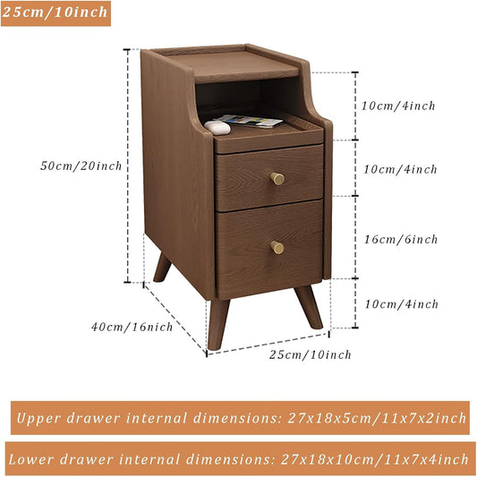 Solid Wood Nightstand with 2 Drawer, Narrow Bedside Tables with Bookshelf, Mid Century Modern Slim Skinny Side Table for Bedroom, Living Room, Small Spaces (25x40x50cm(10x16x20inch), Walnut)