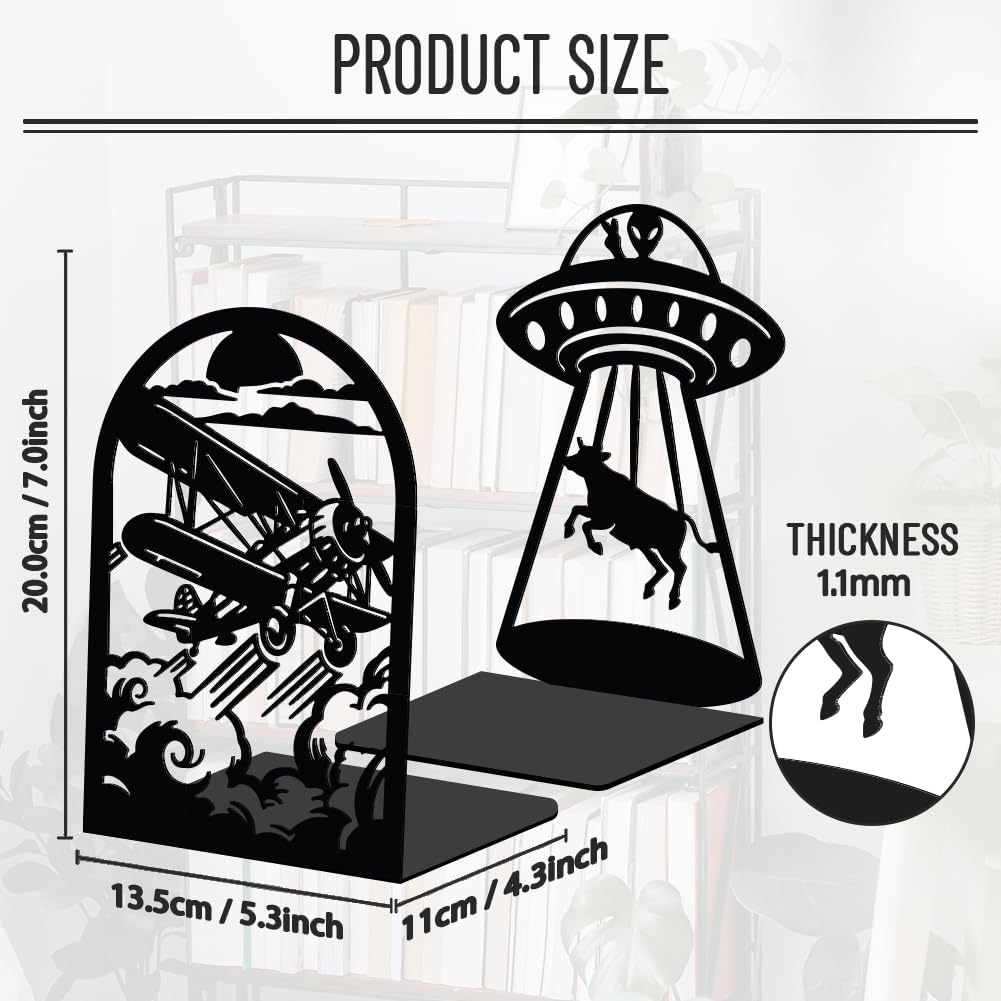 WADORN 1 Pair Alien UFO Cow Metal Decorative Bookend for Shelves, Heavy Duty Book Ends Modern Non-Skid Books Holder Stand Black Book Support Stoppers for Desk Bookshelf Office Home, 5.3x4.3x7.8 Inch