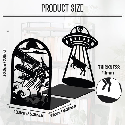 WADORN 1 Pair Alien UFO Cow Metal Decorative Bookend for Shelves, Heavy Duty Book Ends Modern Non-Skid Books Holder Stand Black Book Support Stoppers for Desk Bookshelf Office Home, 5.3x4.3x7.8 Inch
