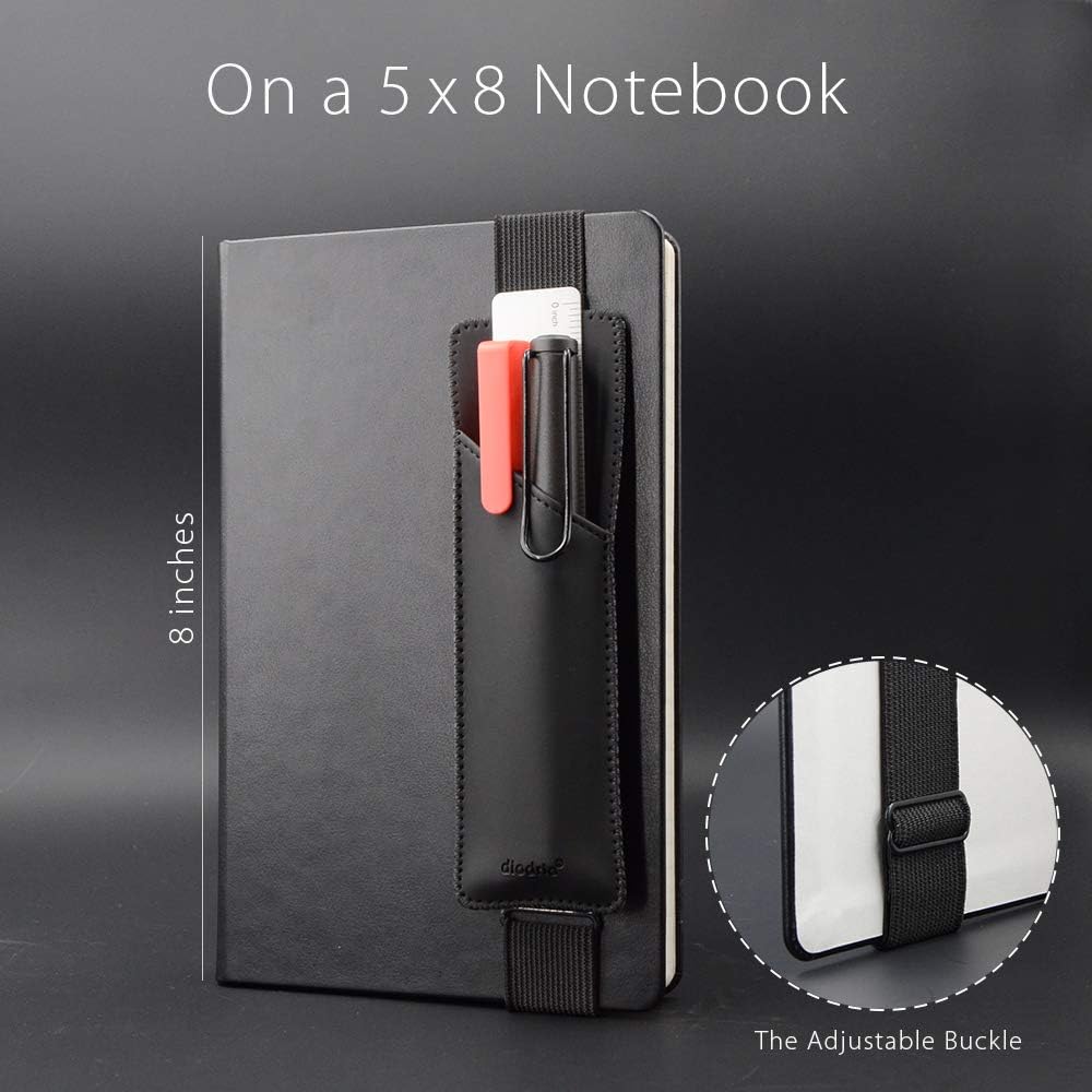 Adjustable Elastic Band Pen Holder, Pencil Holder, Pen Sleeve Pouch for Hardcover Journals, Notebooks, Planners, Binders, Fit Notebooks from 8" to 11” in Height, PU Leather, Detachable, Black