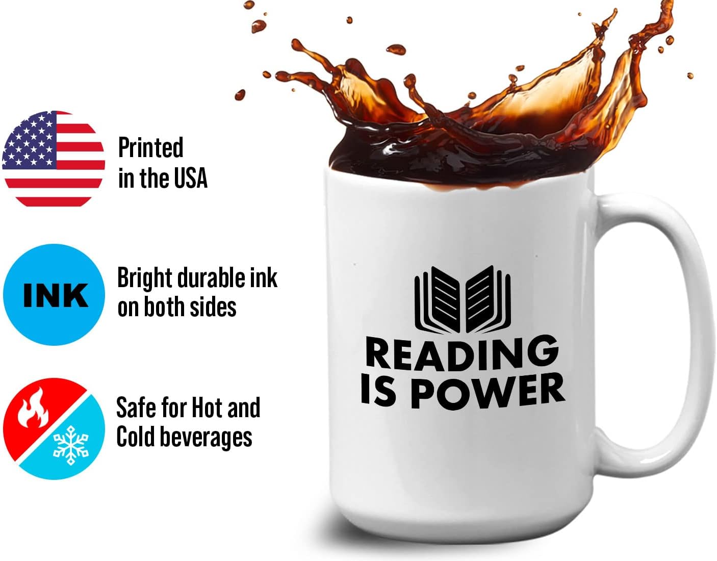 Book Lover Coffee Mug 15oz White - Reading is power - Literary librarian Literature Bookworm Historian Public Library Curator Bibliophile Bibliolater