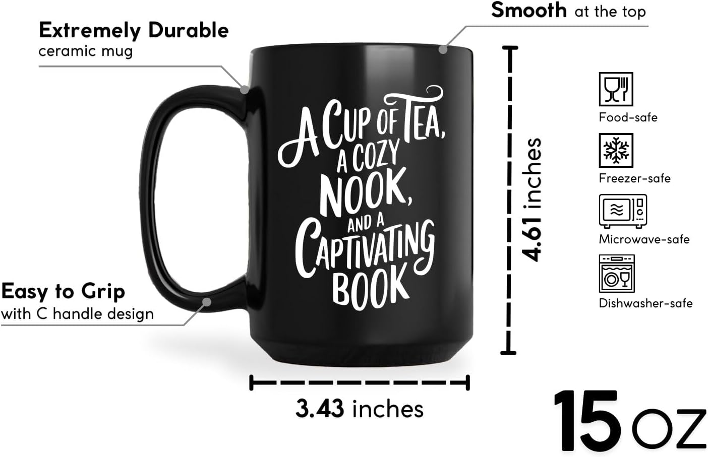Book Lovers Coffee Mug 15oz Black -Tea Nook - Gift for Book Club Bookworm Bookish Reading Nerdy Avid Readers Women