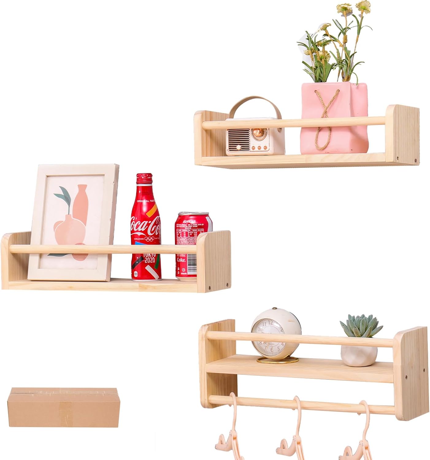 Wall mounted multifunctional storage rack, natural pine kindergarten bookshelf, furniture decoration rack, children's room floating bookshelf, bathroom, kitchen seasoning bracket (3-piece set)