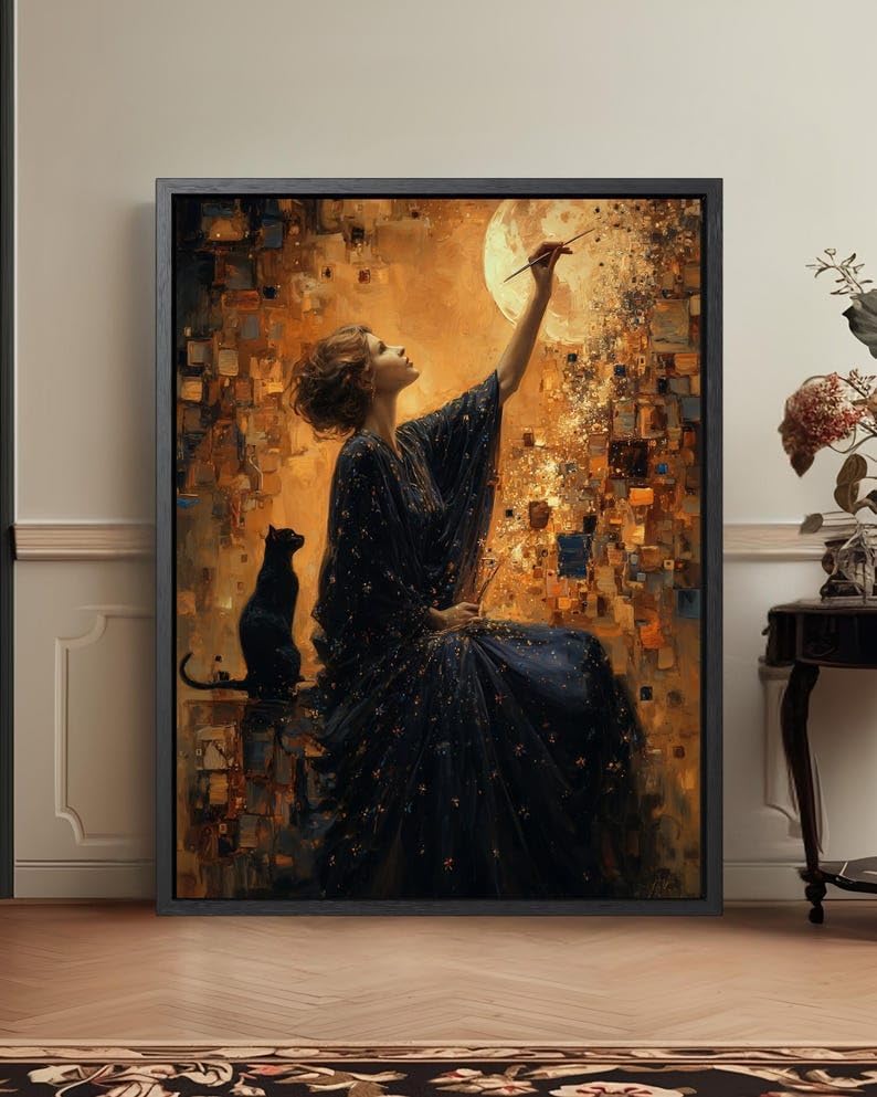 Moody Figurative Wall Art Celestial Moon Goddess Print, Dreamy Night Sky Woman with Black Cat Framed Canvas Painting Poster Picture Wall Decor for Bedroom Living Room Home 8x10 Inches