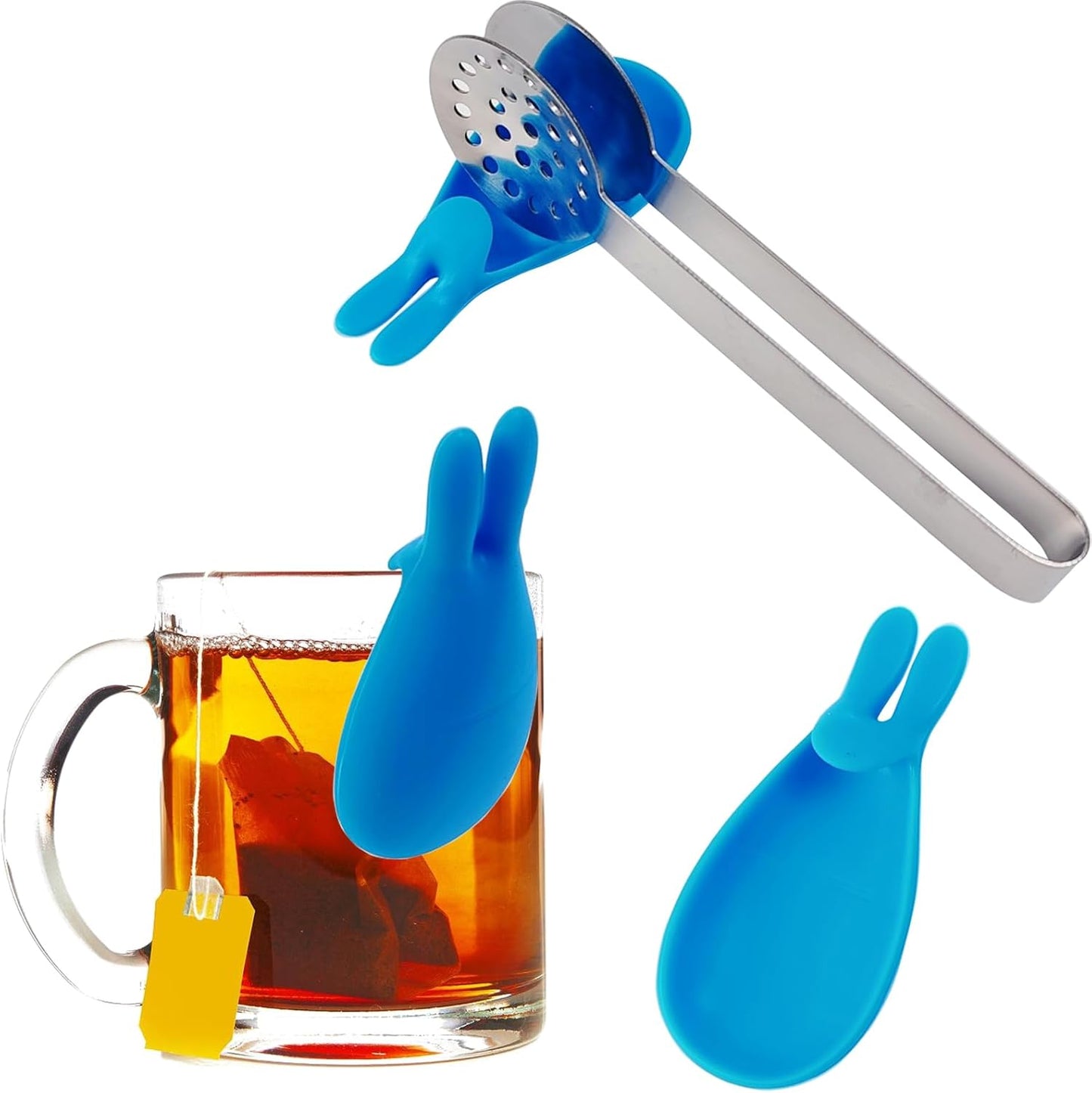 GXXMEI 2PCS Stainless Steel Tea Bag Tongs with 2PCS Bunny Silicone Tea Bag Holders, Round Tea Bag Squeezer - 6inch Tea Bag Strainer Clips Herb or Sugar Ice Cube for Kitchen Bar Tools