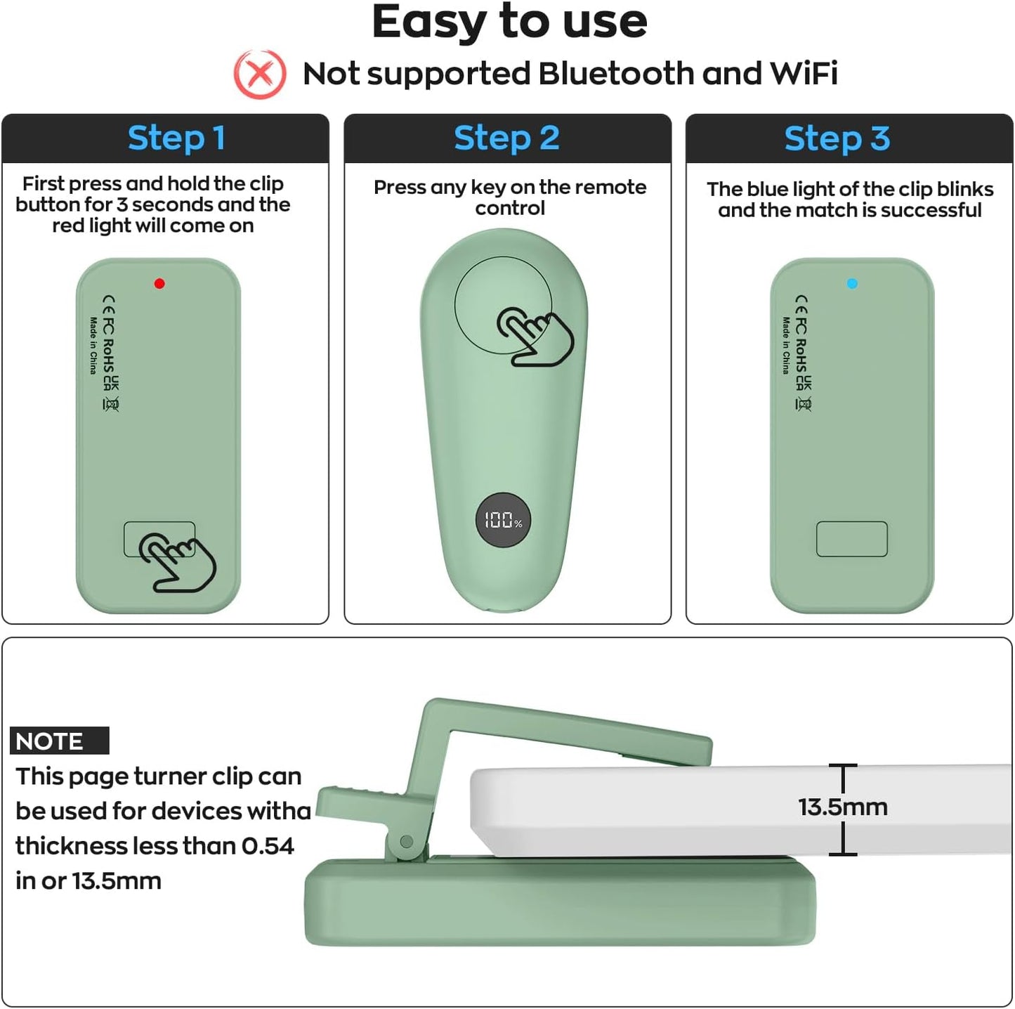 RF Remote Control Page Turner for Kindle Paperwhite Scribe Accessories, Page Turner Clicker for iPad Tablets Reading Novels Taking, Phone Camera Video Record Triggers Remote, Green