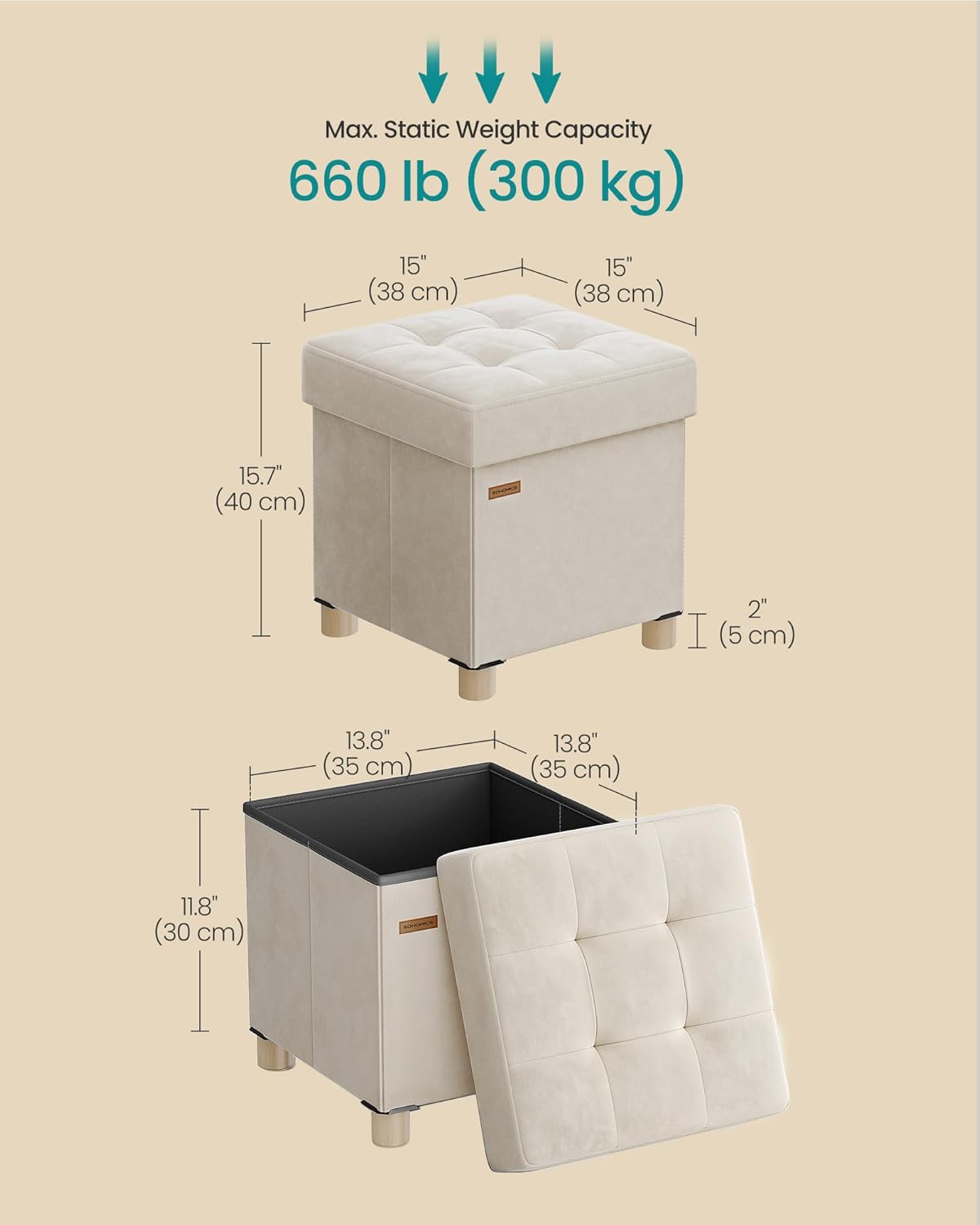 SONGMICS Small Storage Ottoman, Folding Ottoman Cube, 15 x 15 x 15.7 Inches, Footstool, Footrest, 10 Gal. (37 L), Velvet Surface, for Bedroom, Living Room, Dorm, Cappuccino Beige ULSF0516W02